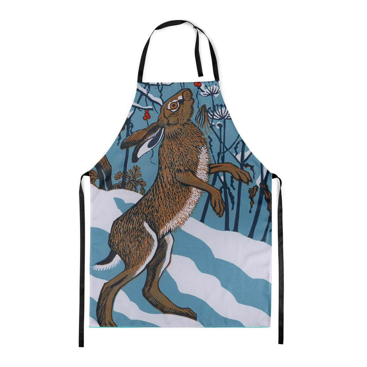 A large hare illustration standing on its hind legs, shown on an apron with black straps.
