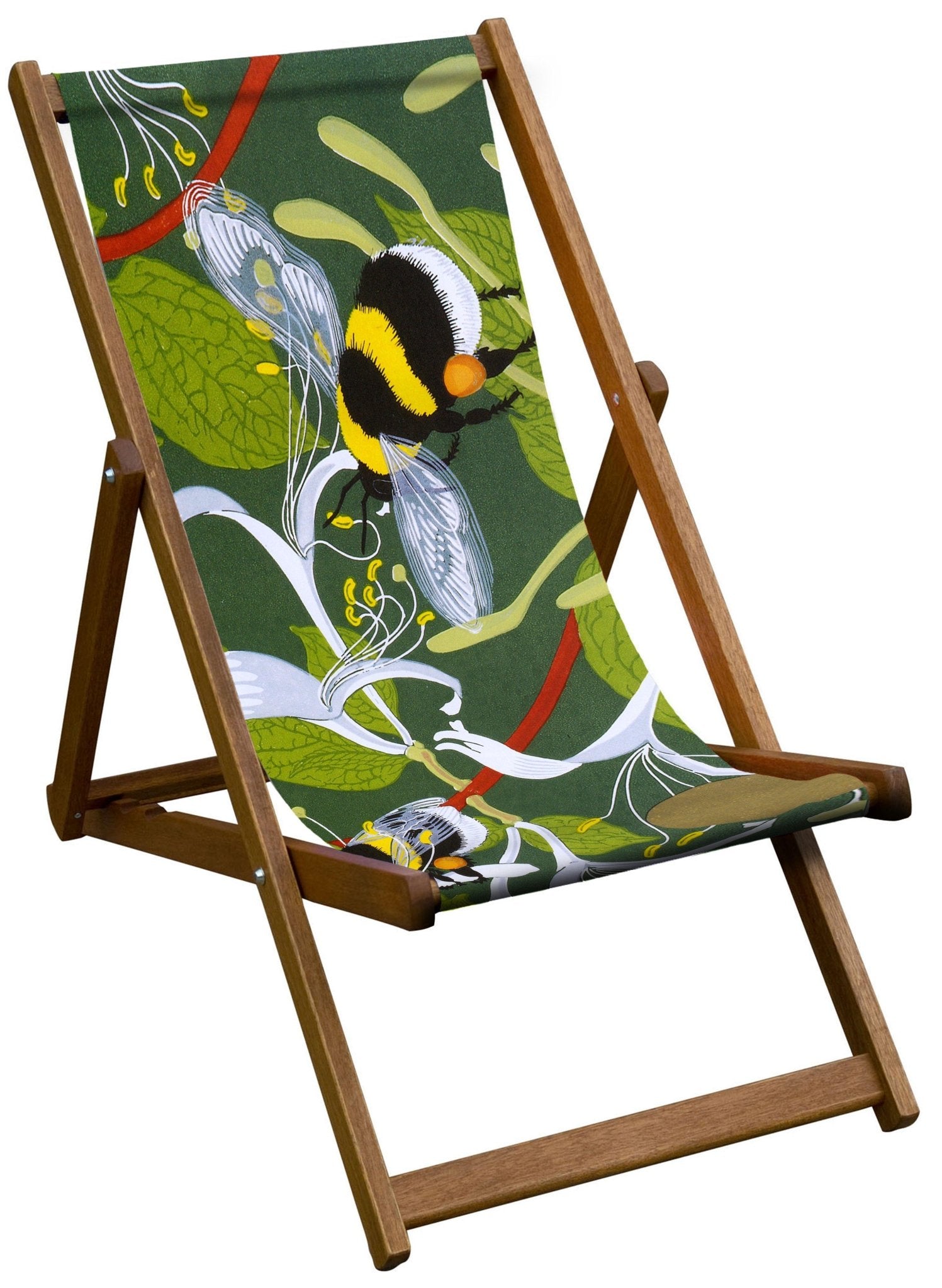 A folding wooden deckchair with a faric sling. The sling shows bumble bees, white flowers and leaves on it.