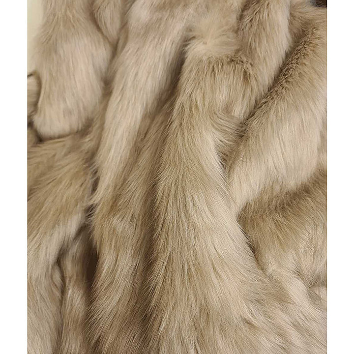 Close-up of long faux fur texture in camel oatmeal tone