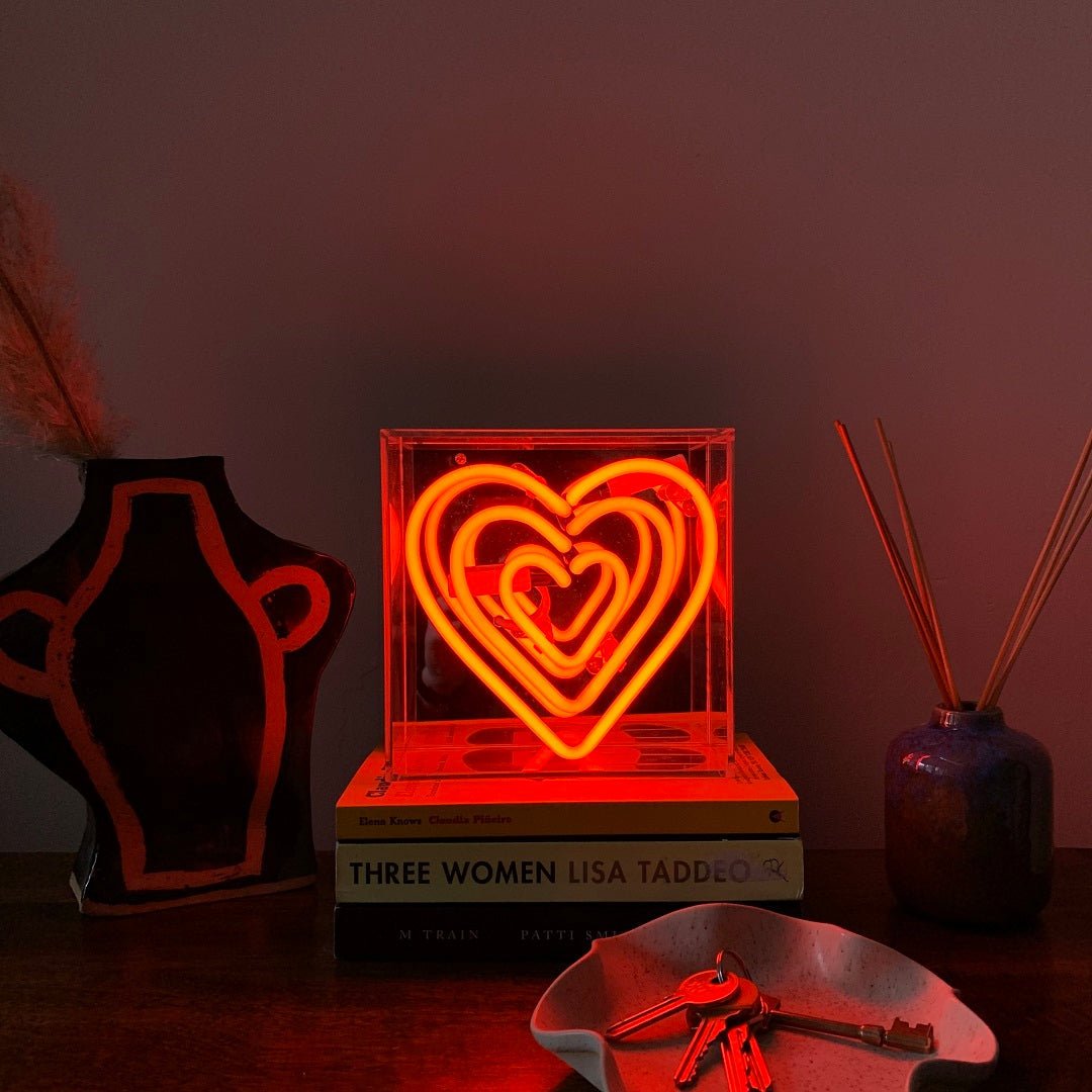 Heart Mini Glass Neon Sign product image shown in a home or gift setting