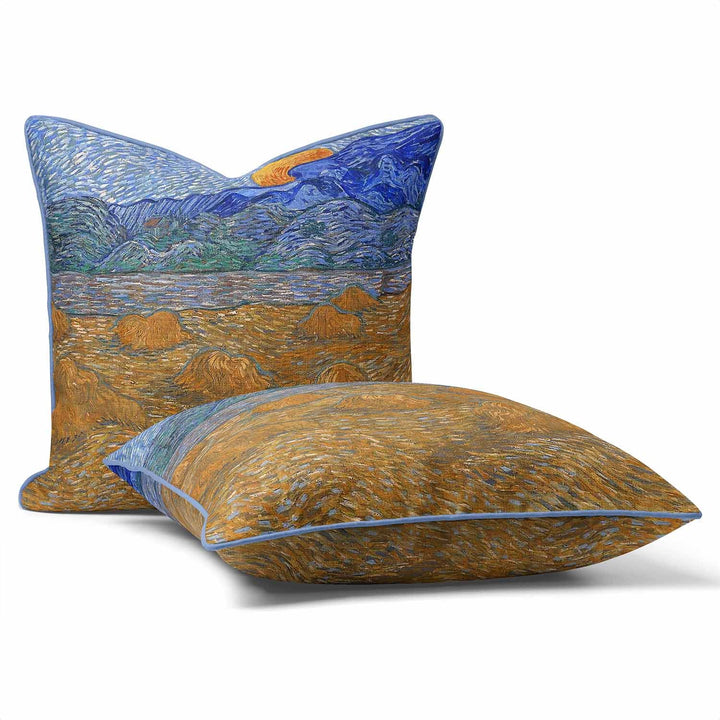 Landscape with Wheat Sheaves and Rising Moon (1889) by Vincent Van Gogh - Cushion