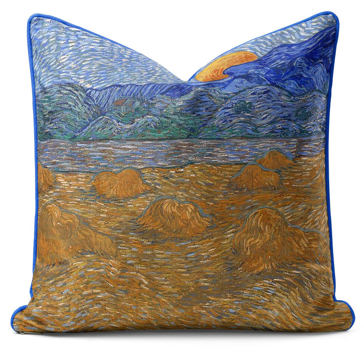 Landscape with Wheat Sheaves and Rising Moon (1889) by Vincent Van Gogh - Cushion