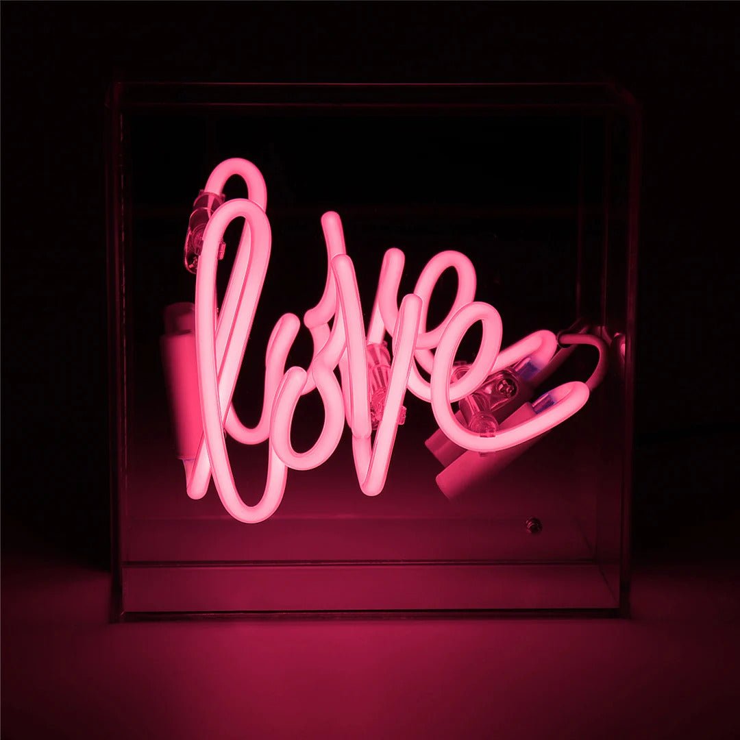 Pink Love Mini Neon Sign by Locomocean in mirrored acrylic display box, table-mounted with UK/EU plug adaptor