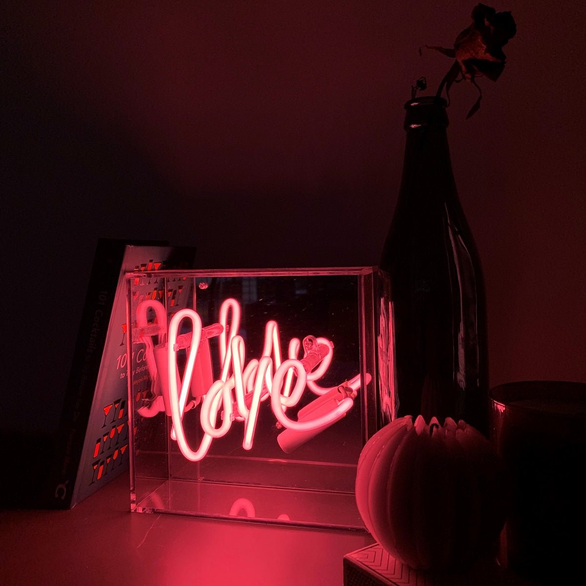 Love Mini Glass Neon Sign product image shown in a home or gift setting