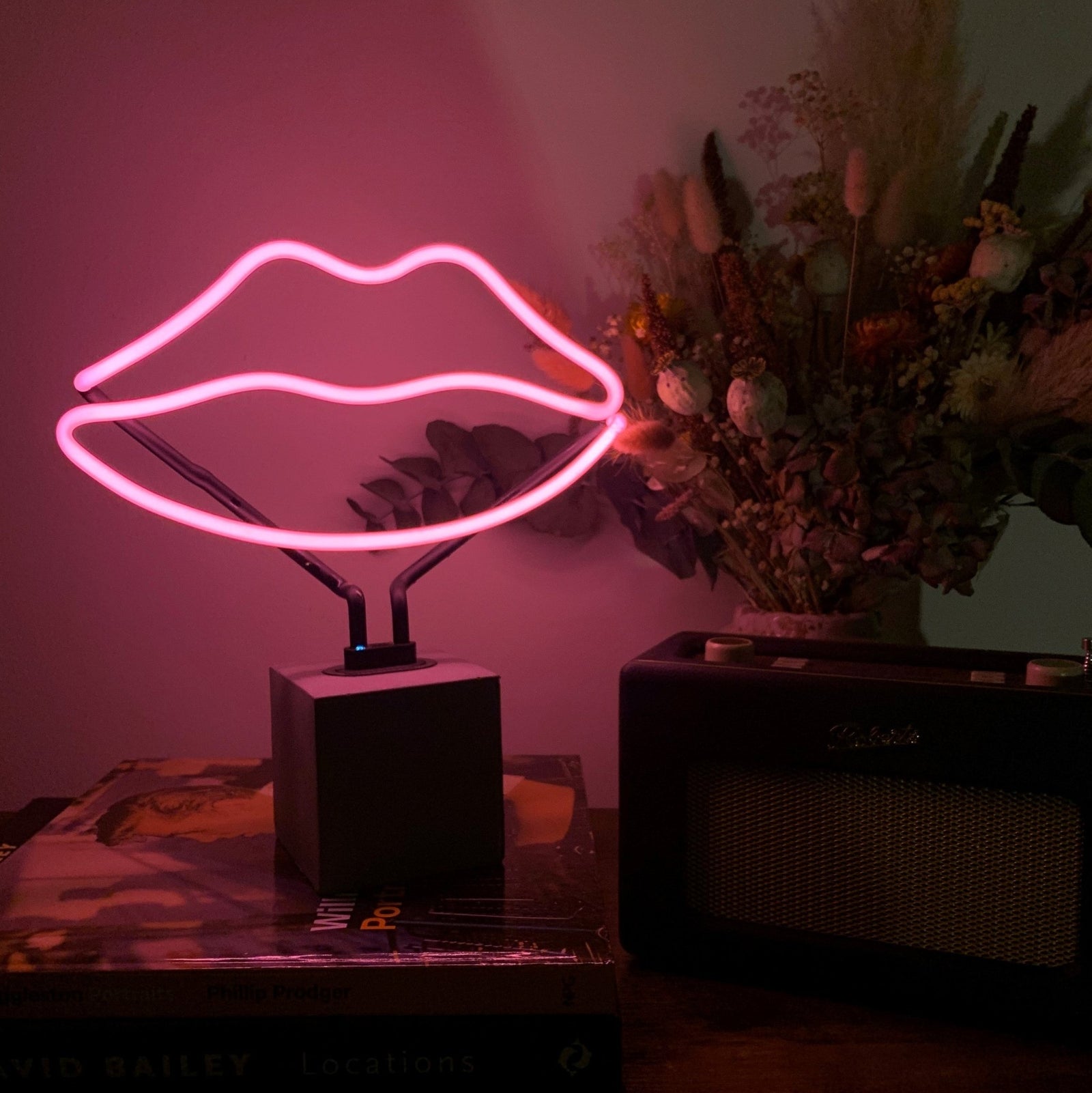 Neon Lips Sign product image shown in a home or gift setting