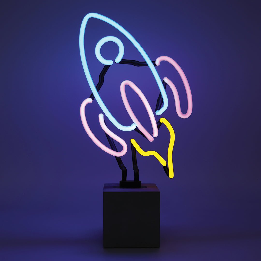 Neon Rocket Sign product image shown in a home or gift setting