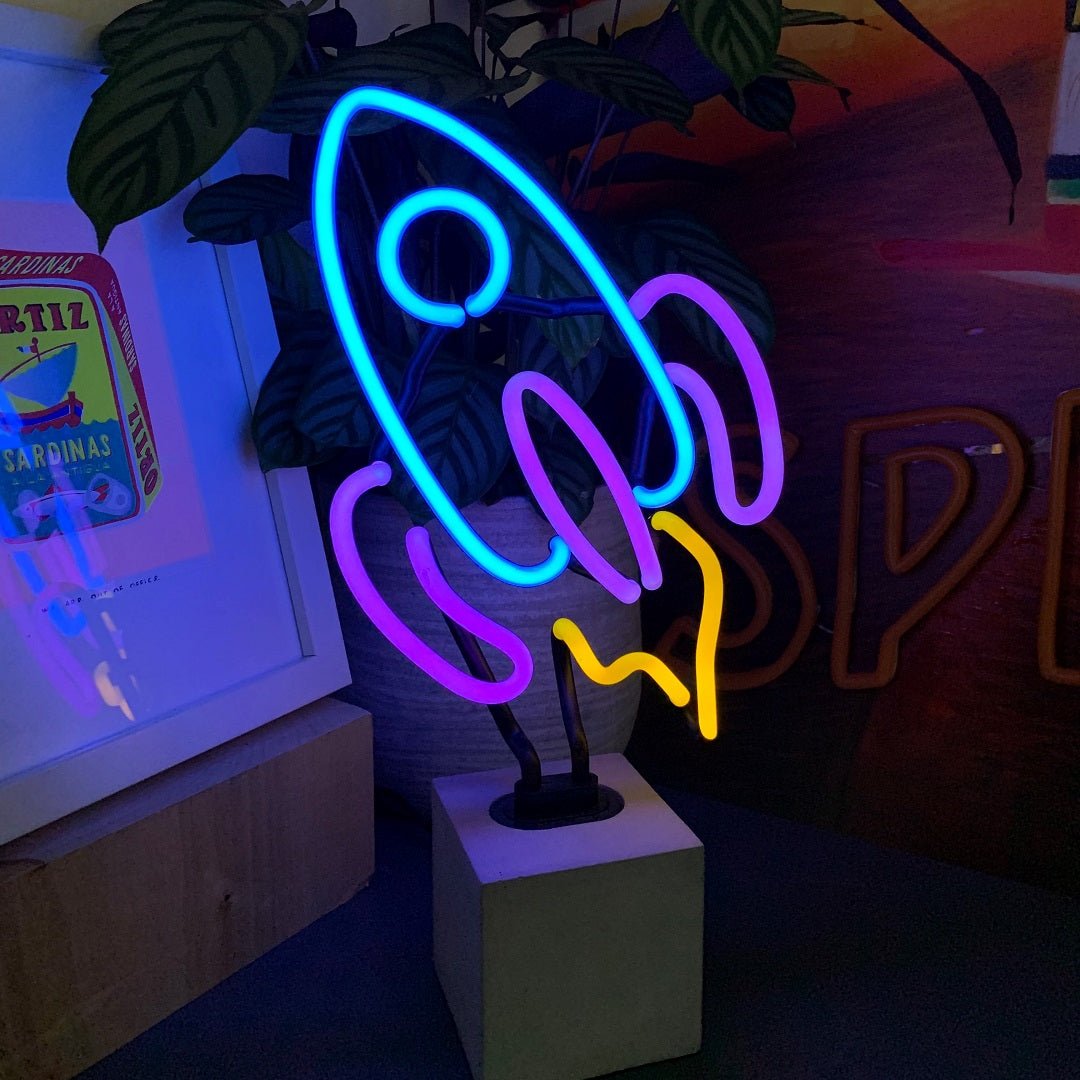 Neon Rocket Sign product image shown in a home or gift setting