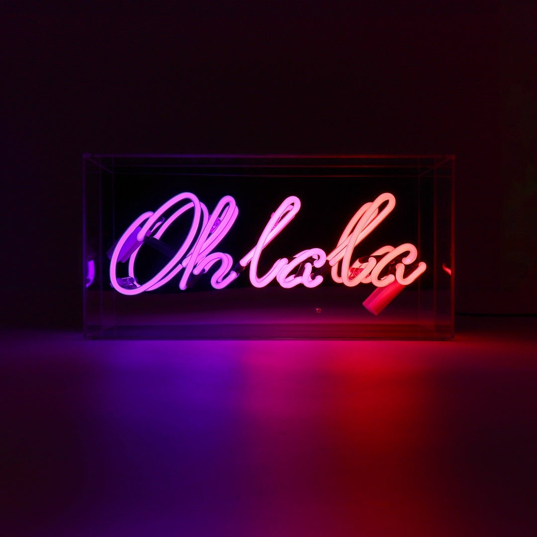 Oh La La Glass Neon Box Sign product image shown in a home or gift setting