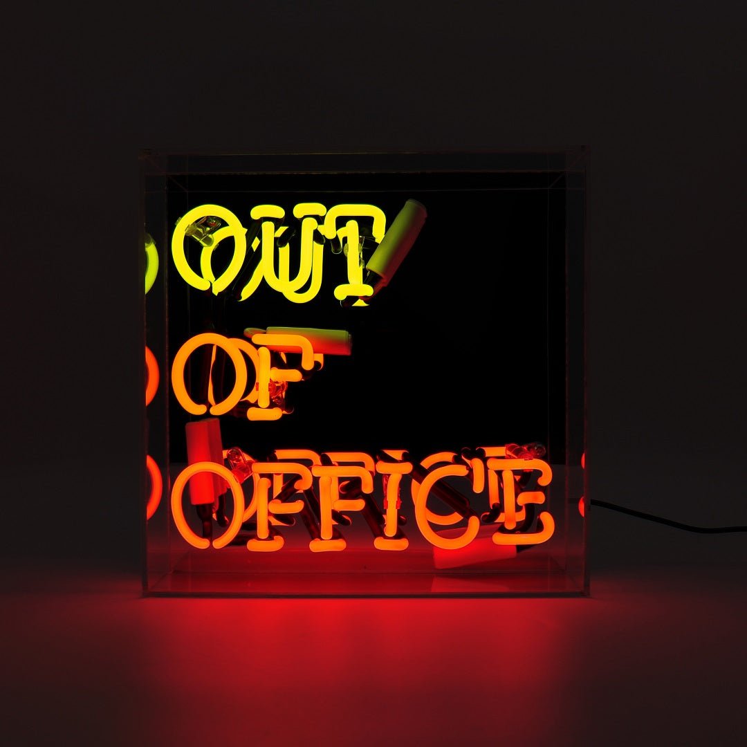 Out Of Office Glass Neon Sign product image shown in a home or gift setting