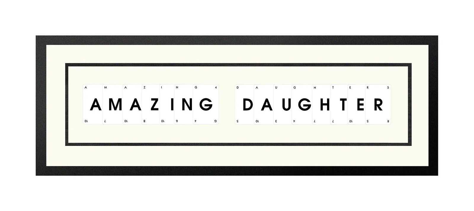 Handmade playing card picture frame spelling 'Amazing Daughter' – framed quote wall art made in the UK.