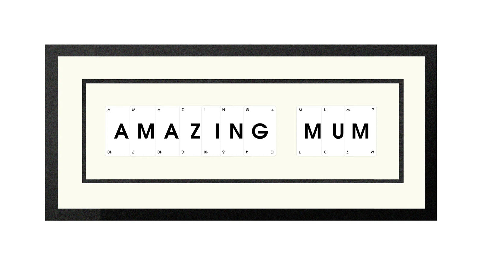 Handmade playing card picture frame spelling 'Amazing Mum' – framed quote wall art made in the UK.