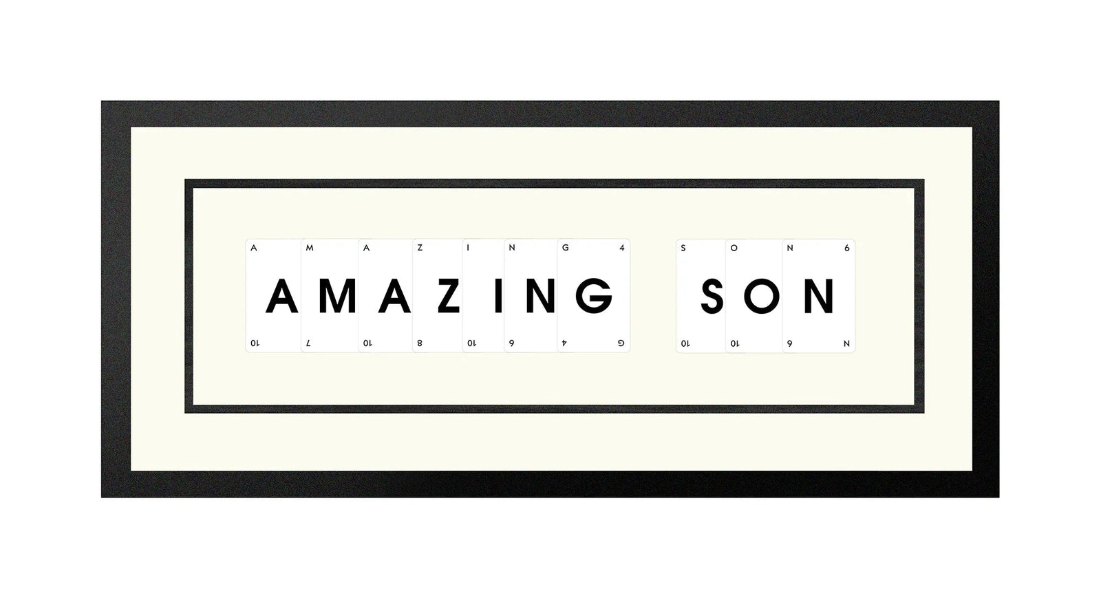 Handmade playing card picture frame spelling 'Amazing Son' – framed quote wall art made in the UK.