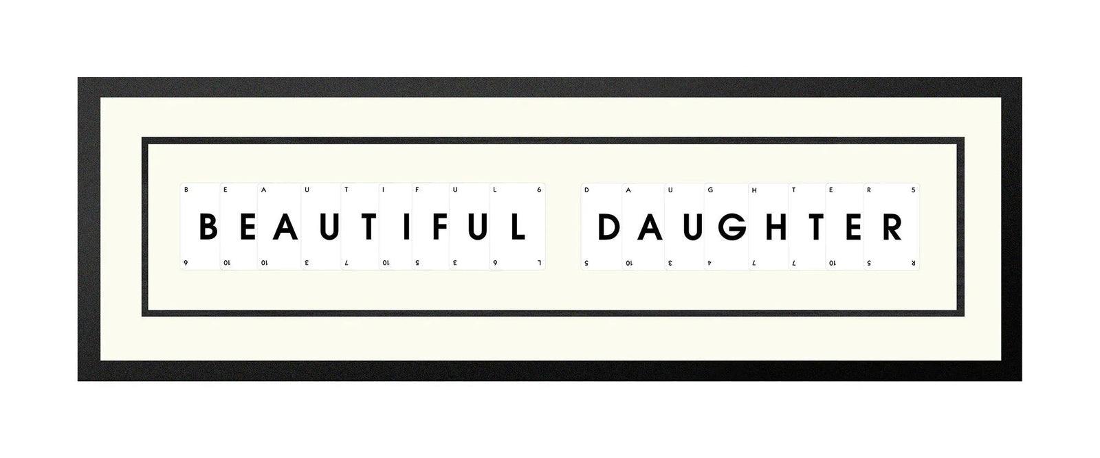 Handmade playing card picture frame spelling 'Beautiful Daughter' – framed quote wall art made in the UK.