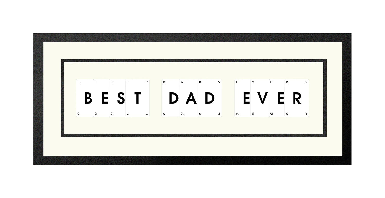 Handmade playing card picture frame spelling 'Best Dad Ever' – framed quote wall art made in the UK.