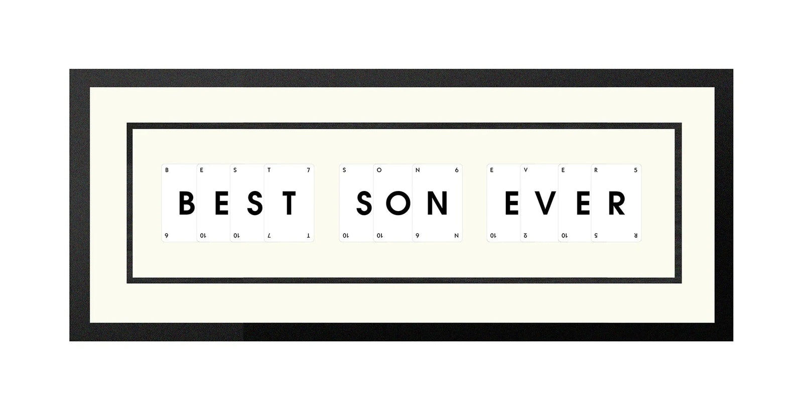 Handmade playing card picture frame spelling 'Best Son Ever' – framed quote wall art made in the UK.