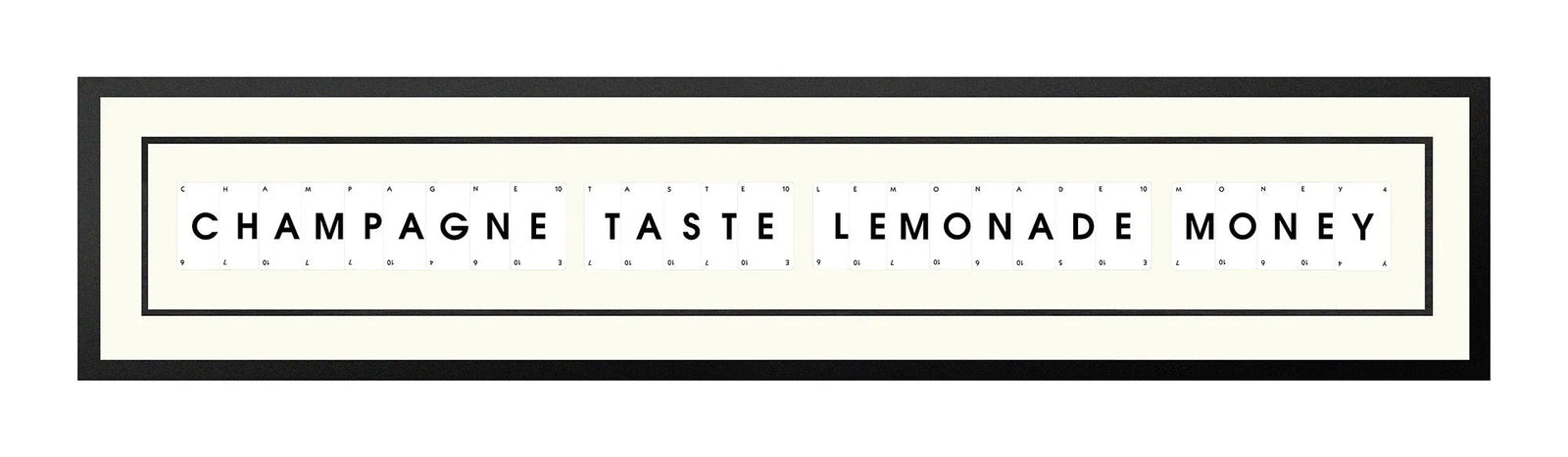 Handmade playing card picture frame spelling 'Champagne Taste Lemonade Money' – framed quote wall art made in the UK.