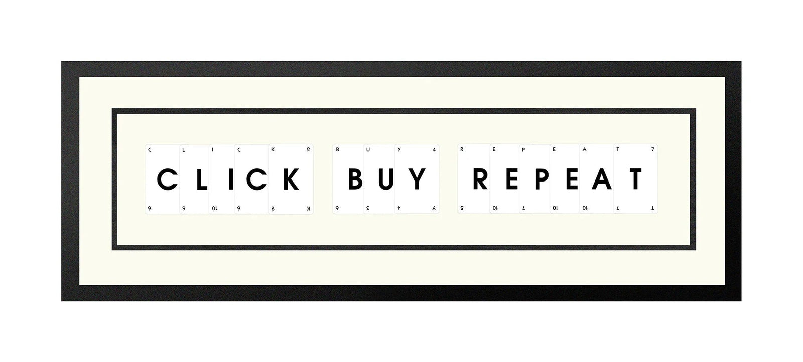 Handmade playing card picture frame spelling 'Click Buy Repeat' – framed quote wall art made in the UK.