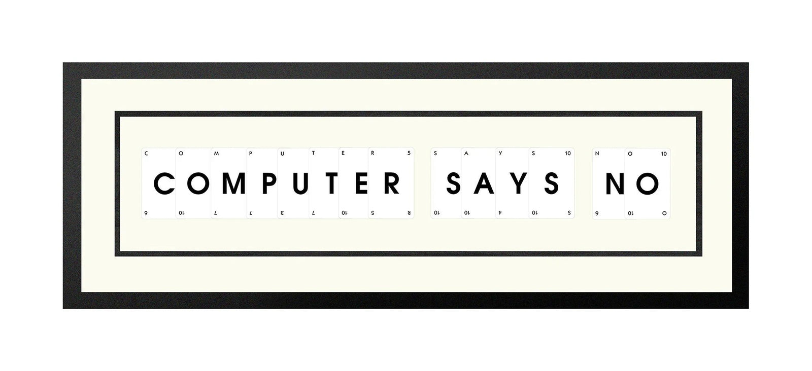 Handmade playing card picture frame spelling 'Computer Says No' – framed quote wall art made in the UK.