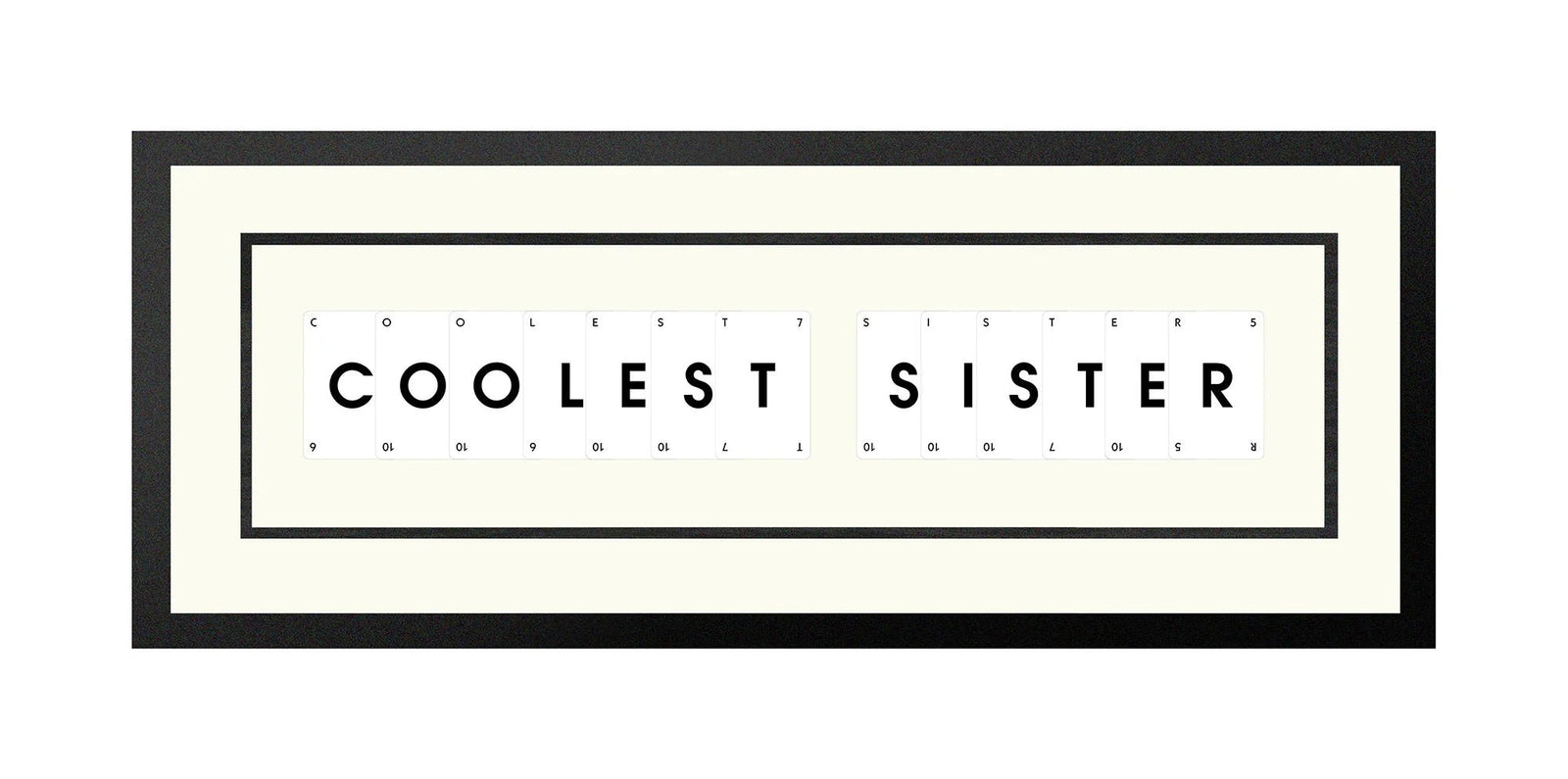 Handmade playing card picture frame spelling 'Coolest Sister' – framed quote wall art made in the UK.