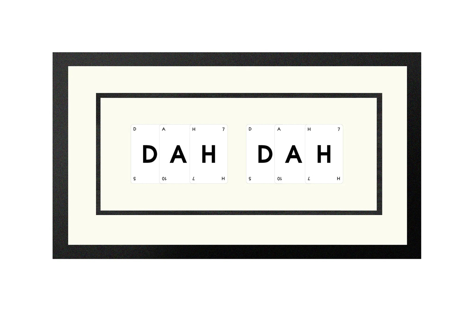 Handmade playing card picture frame spelling 'Dah Dah' – framed quote wall art made in the UK.