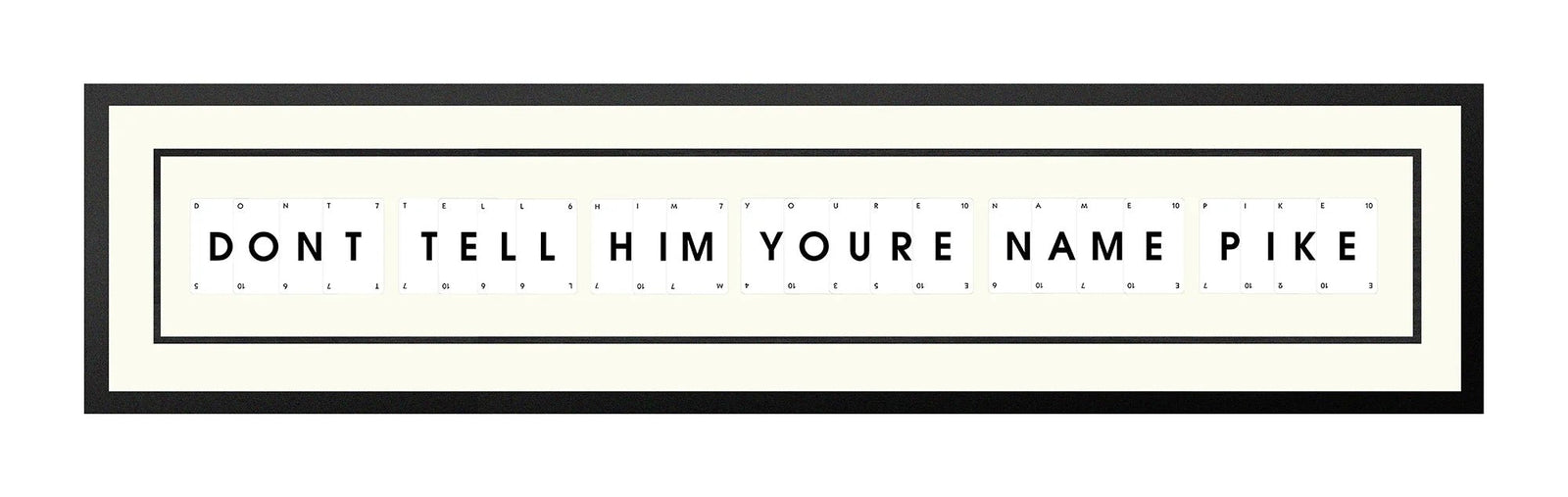 Handmade playing card picture frame spelling 'Dont Tell Him Youre Name Pike' – framed quote wall art made in the UK.