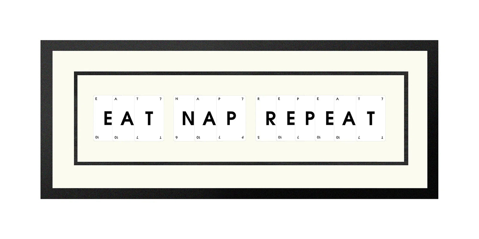 Handmade playing card picture frame spelling 'Eat Nap Repeat' – framed quote wall art made in the UK.