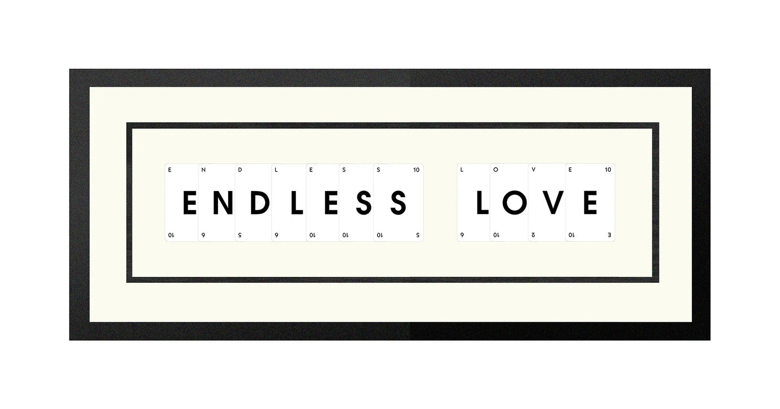 Handmade playing card picture frame spelling 'Endless Love' – framed quote wall art made in the UK.