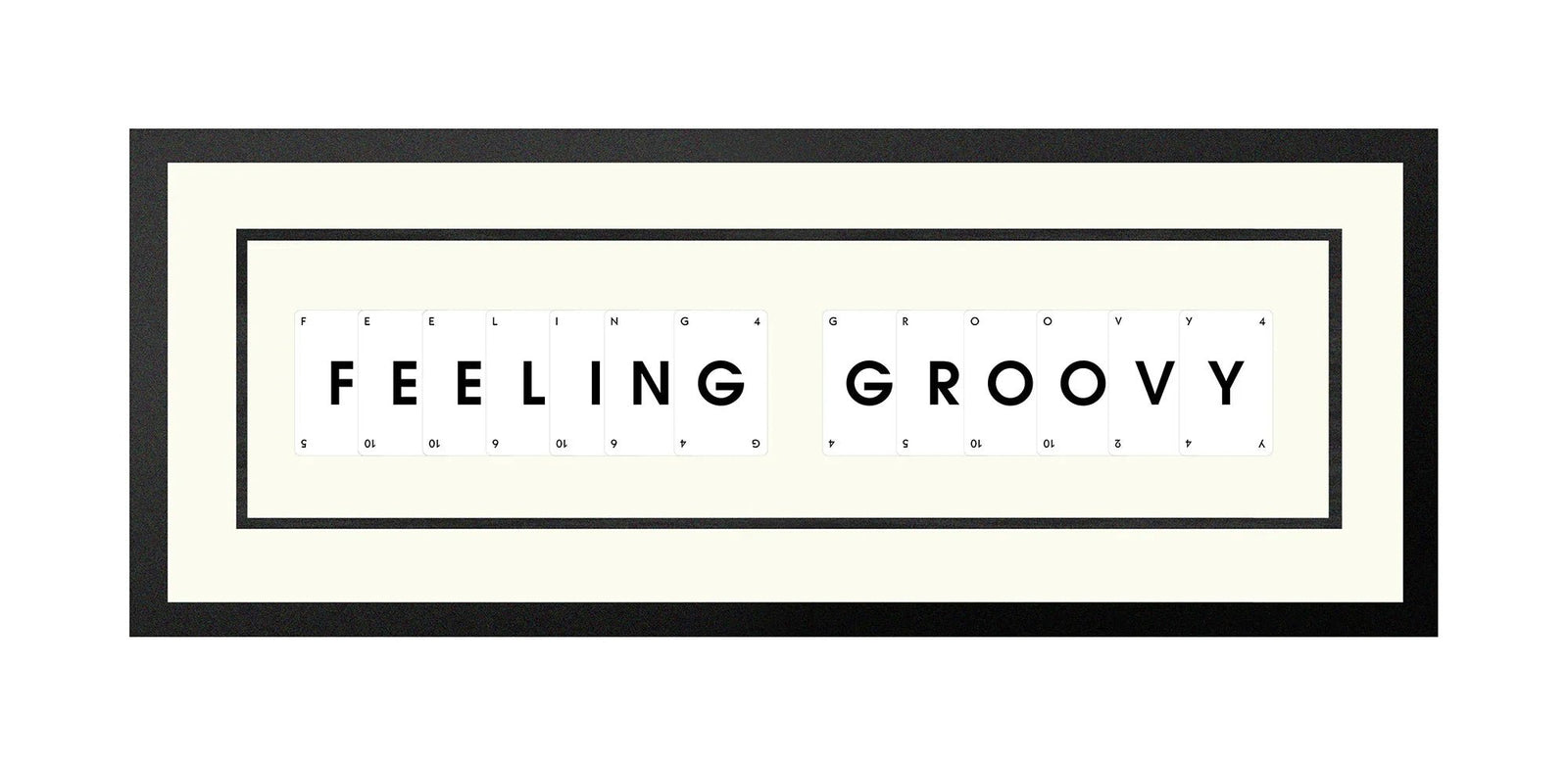 Handmade playing card picture frame spelling 'Feeling Groovy' – framed quote wall art made in the UK.