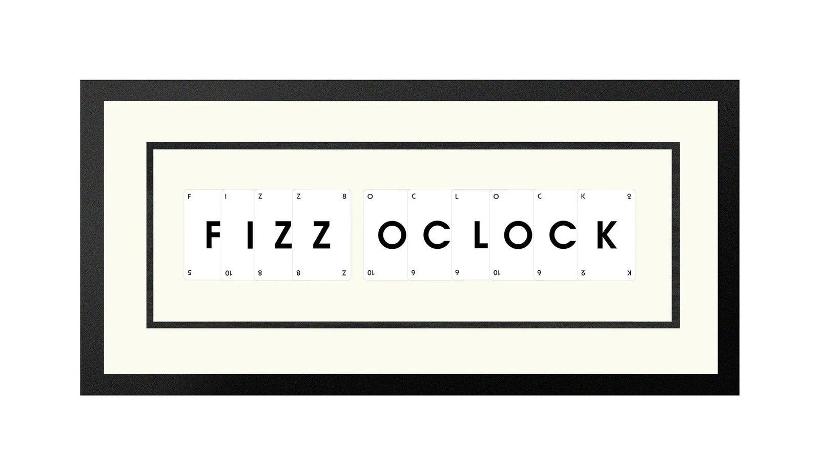 Handmade playing card picture frame spelling 'Fizz Oclock' – framed quote wall art made in the UK.