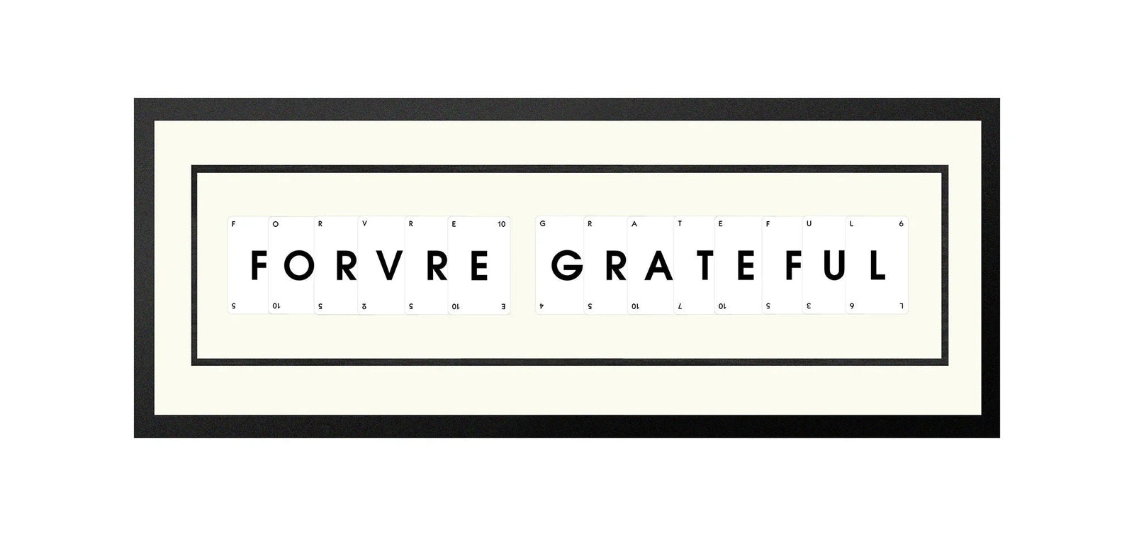 Handmade playing card picture frame spelling 'Forevergrateful' – framed quote wall art made in the UK.