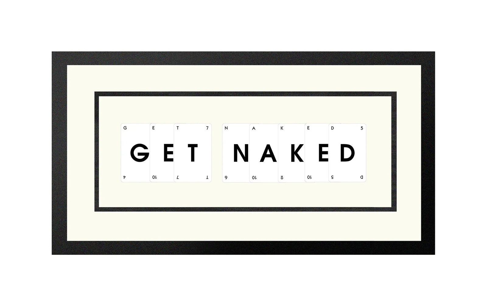 Handmade playing card picture frame spelling 'Get Naked' – framed quote wall art made in the UK.