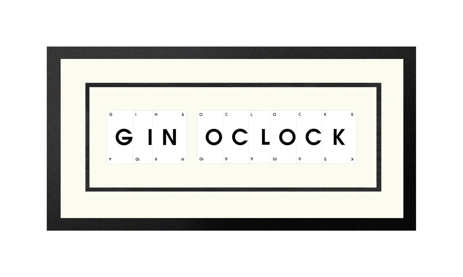 Handmade playing card picture frame spelling 'Gin Oclock' – framed quote wall art made in the UK.