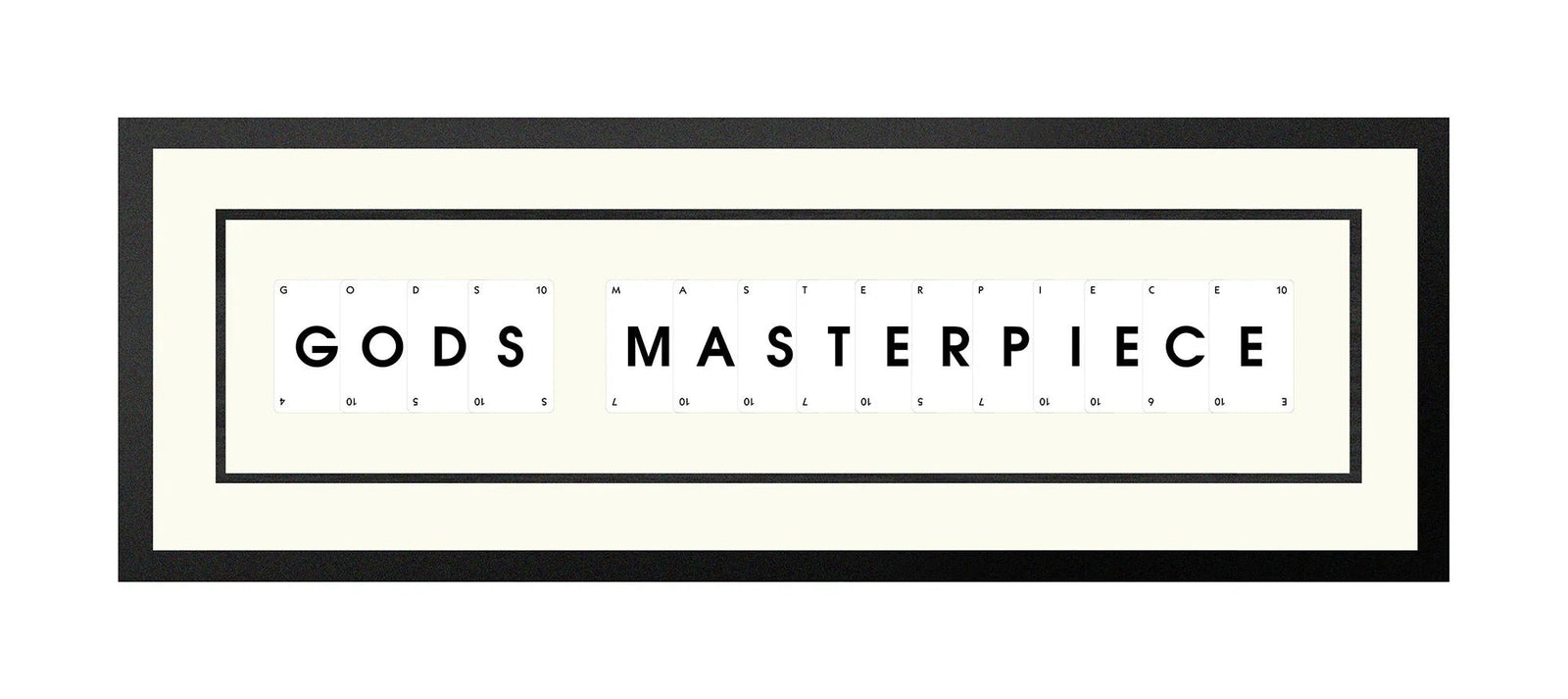 Handmade playing card picture frame spelling 'Gods Masterpiece' – framed quote wall art made in the UK.