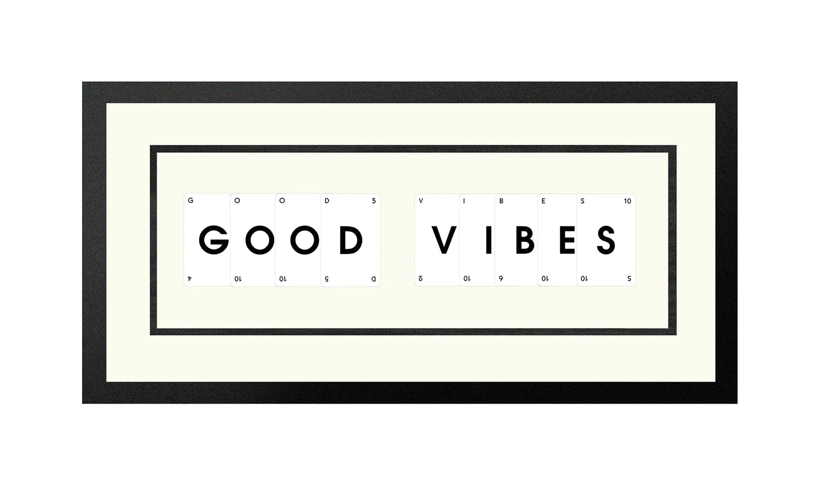 Handmade playing card picture frame spelling 'Good Vibes' – framed quote wall art made in the UK.