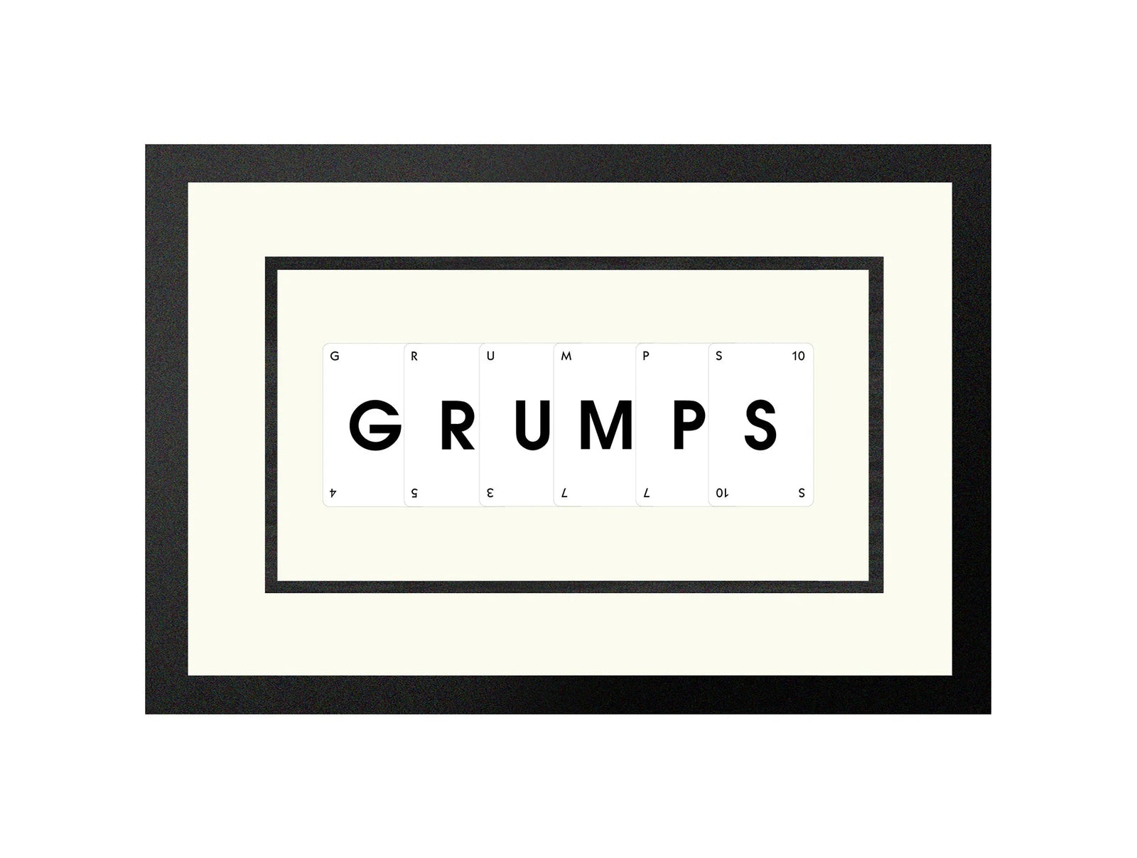 Handmade playing card picture frame spelling 'Grumps' – framed quote wall art made in the UK.