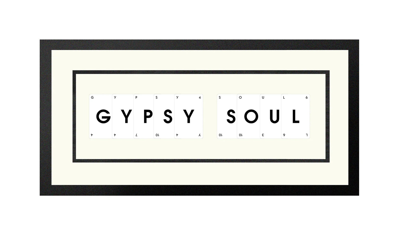 Handmade playing card picture frame spelling 'Gypsy Soul' – framed quote wall art made in the UK.
