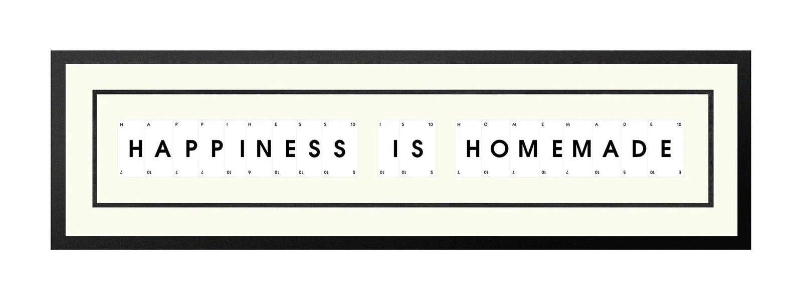 Handmade playing card picture frame spelling 'Happiness Is Homemade' – framed quote wall art made in the UK.
