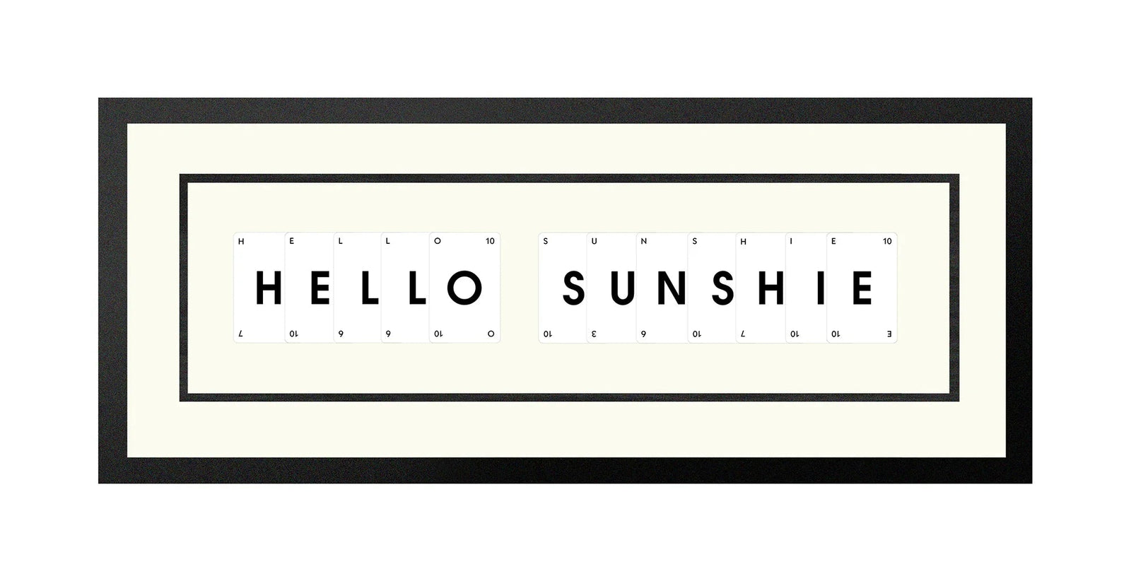 Handmade playing card picture frame spelling 'Hello Sunshine' – framed quote wall art made in the UK.