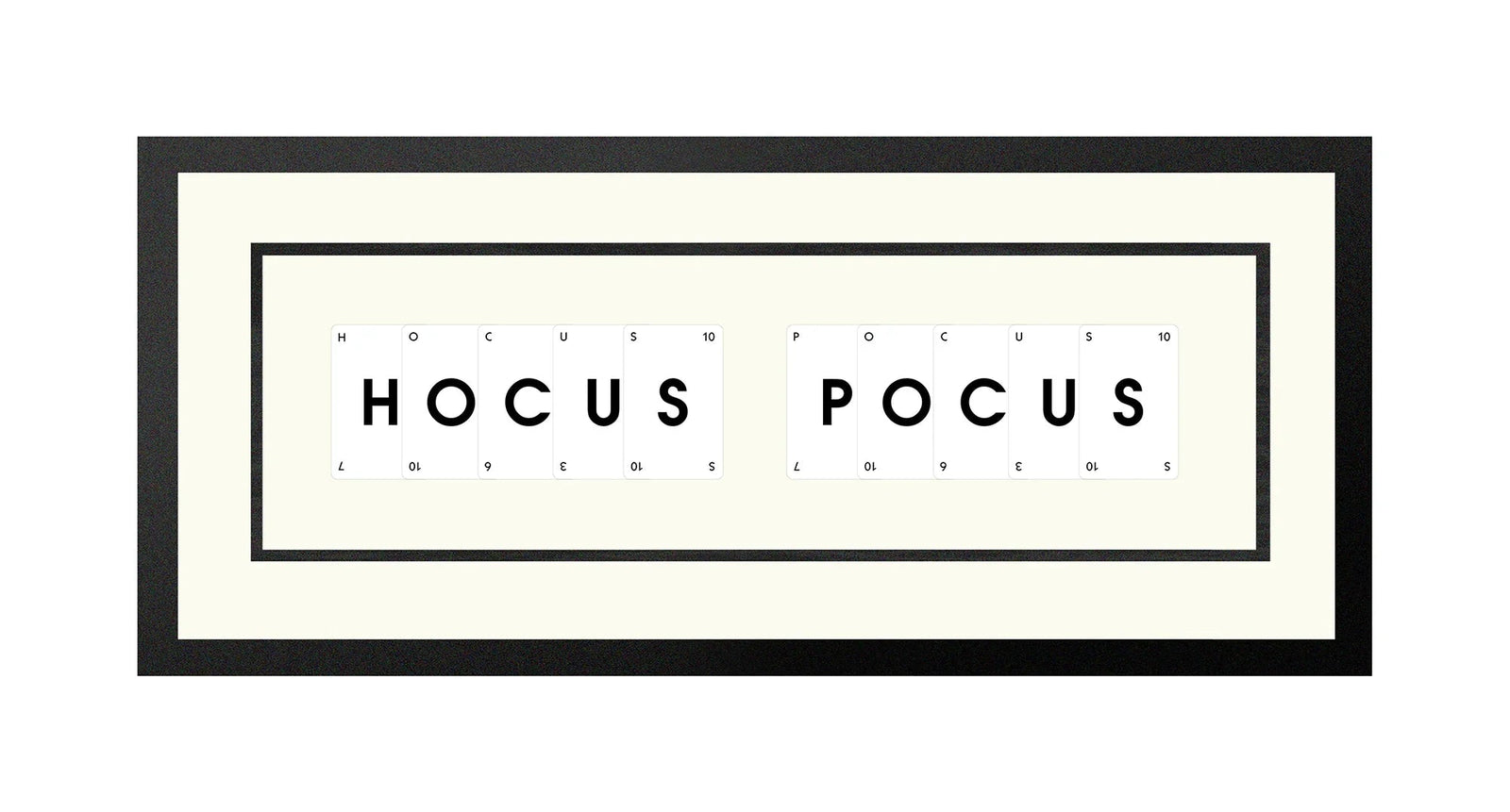 Handmade playing card picture frame spelling 'Hocus Pocus' – framed quote wall art made in the UK.