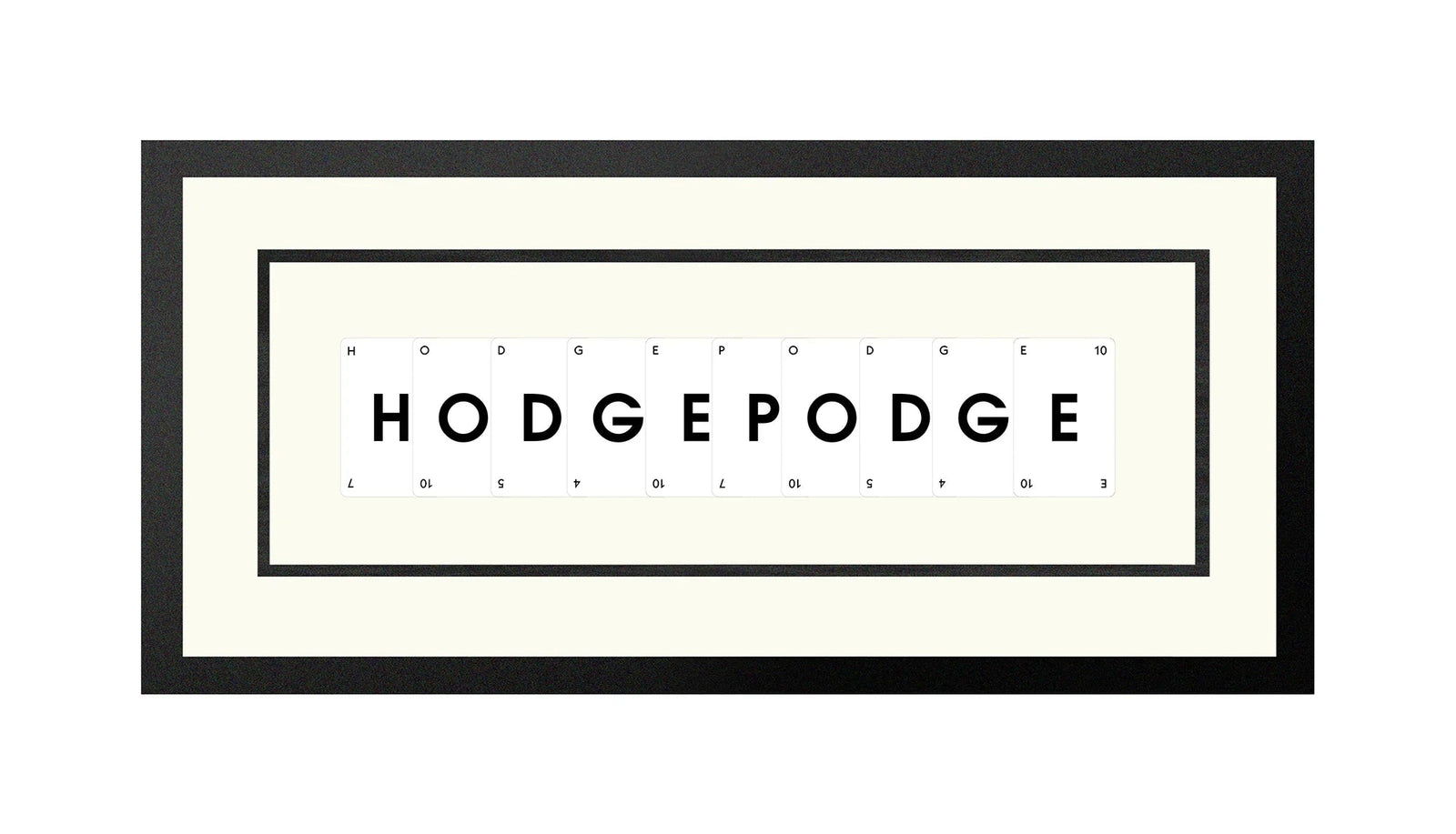 Handmade playing card picture frame spelling 'Hodgepodge' – framed quote wall art made in the UK.