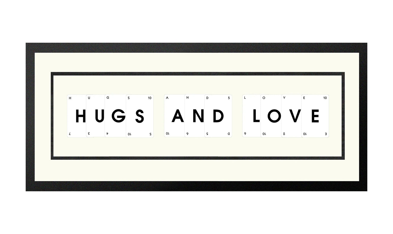 Handmade playing card picture frame spelling 'Hugs And Love' – framed quote wall art made in the UK.