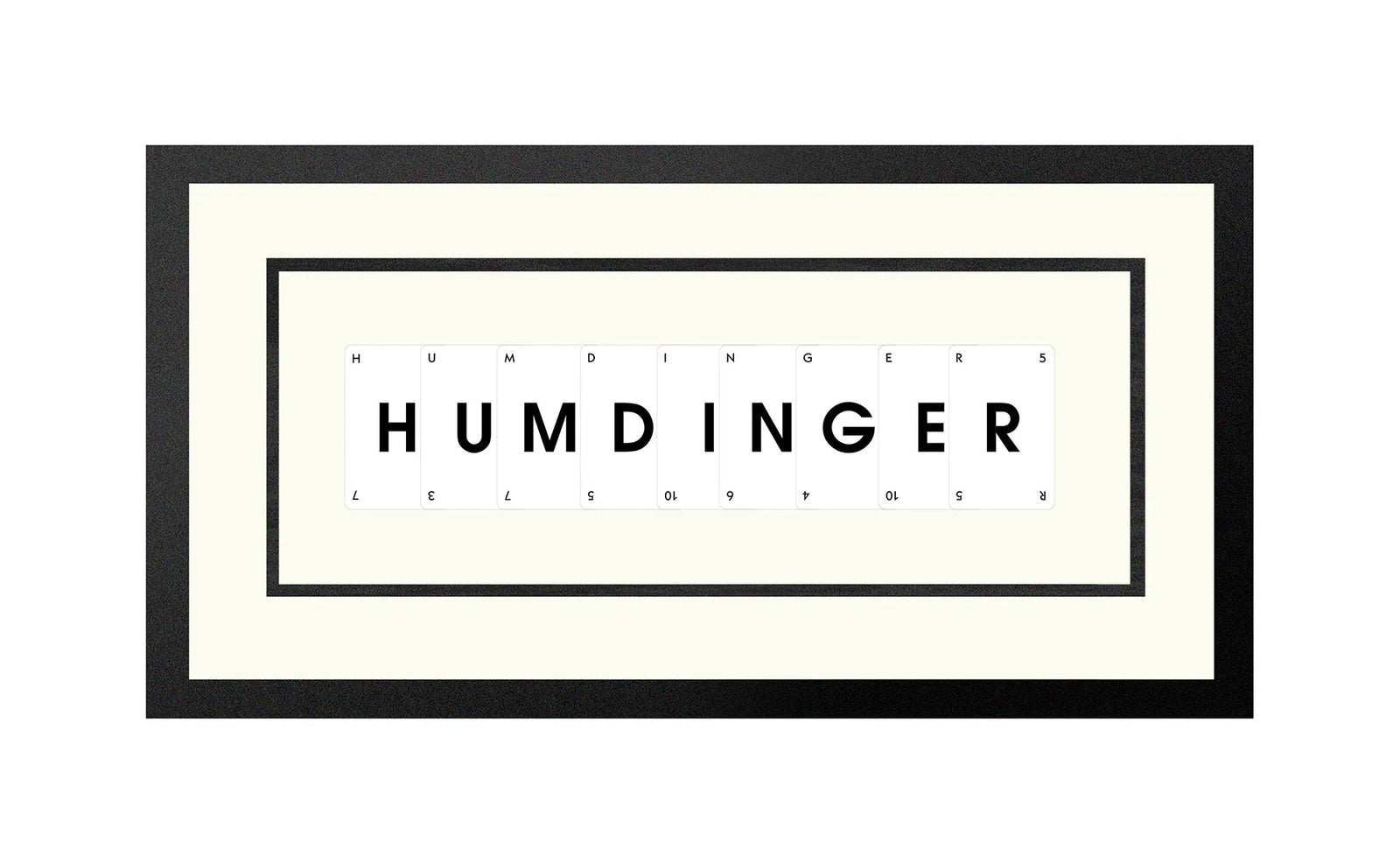 Handmade playing card picture frame spelling 'Humdinger' – framed quote wall art made in the UK.