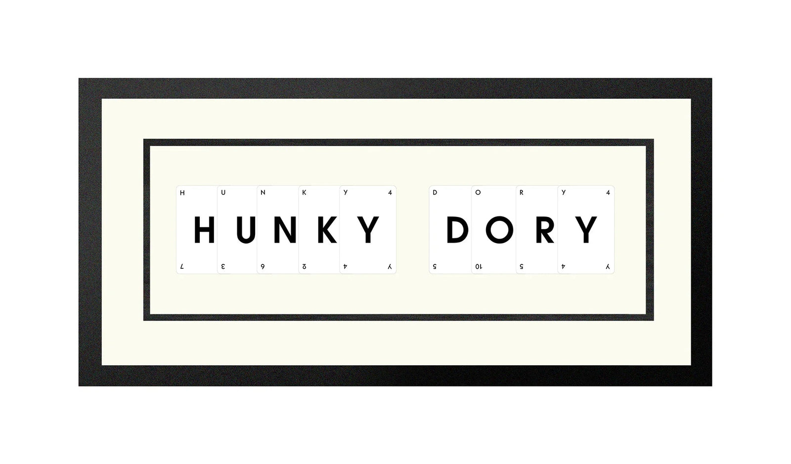Handmade playing card picture frame spelling 'Hunky Dory' – framed quote wall art made in the UK.