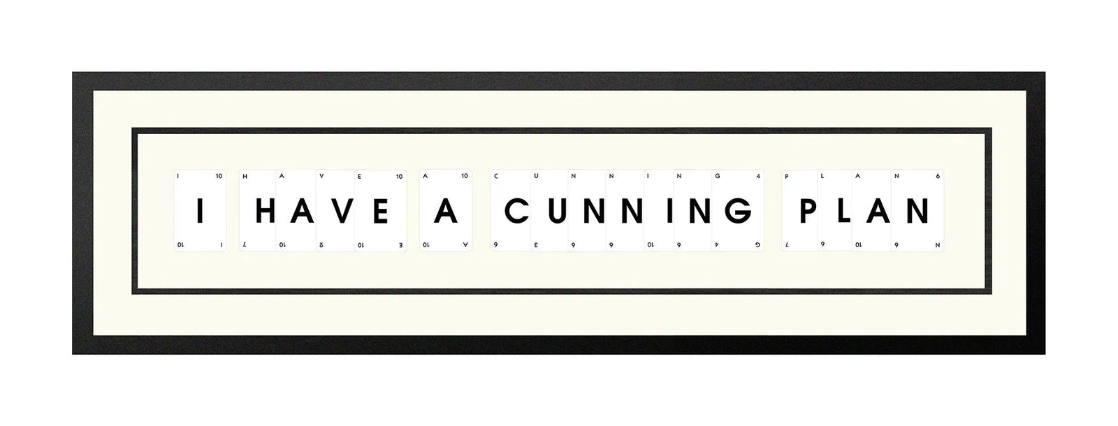 Handmade playing card picture frame spelling 'I Have A Cunning Plan' – framed quote wall art made in the UK.