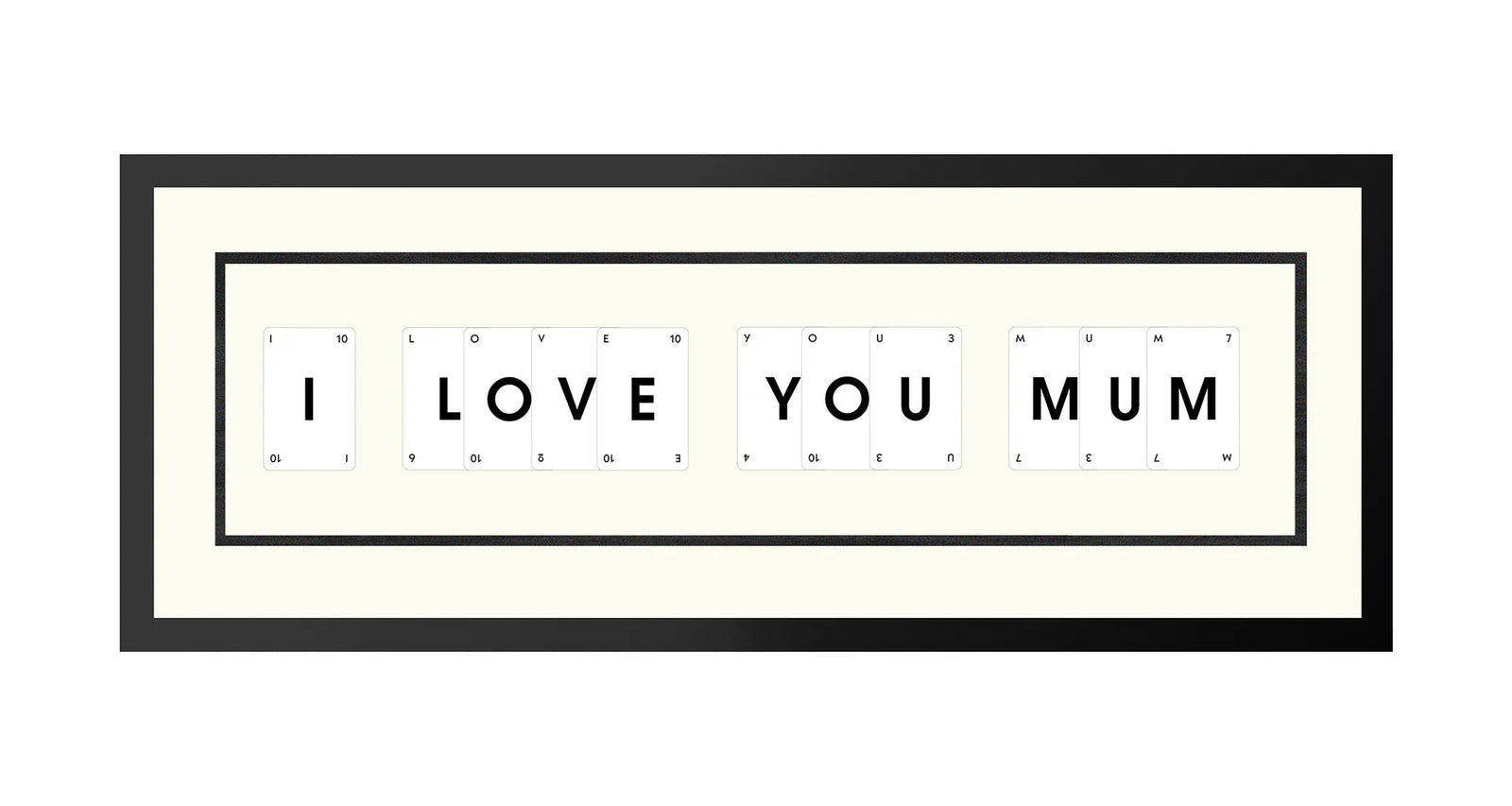 Handmade playing card picture frame spelling 'I Love You Mum' – framed quote wall art made in the UK.