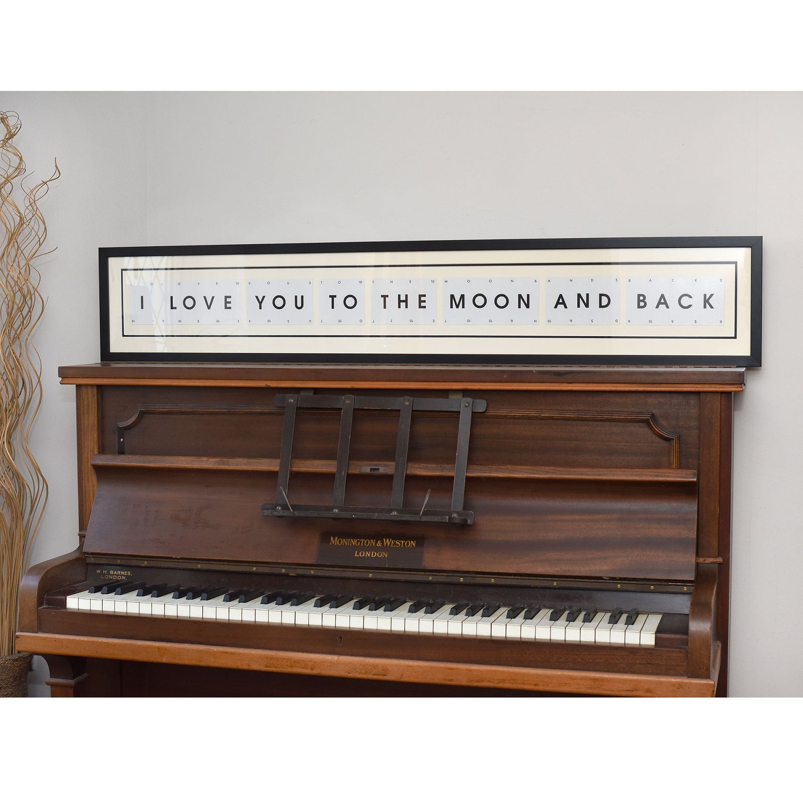 I LOVE YOU TO THE MOON AND BACK framed wall art picture frame sitting on a piano