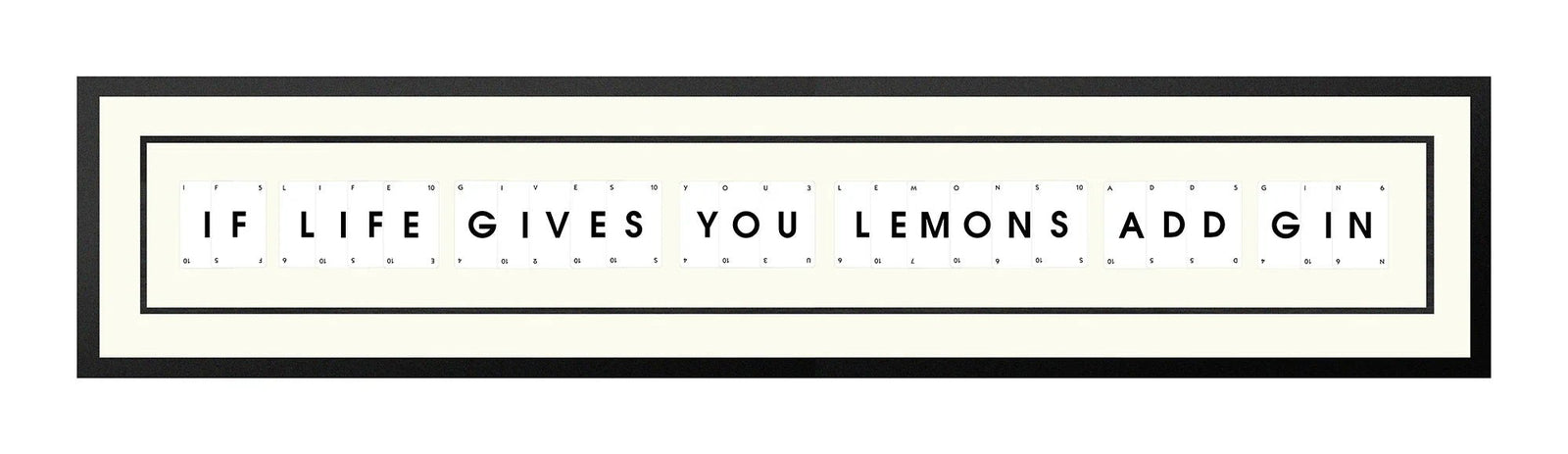 Handmade playing card picture frame spelling 'If Life Gives You Lemons Add Gin' – framed quote wall art made in the UK.