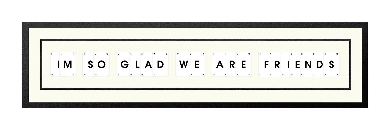 Handmade playing card picture frame spelling 'Im So Glad We Are Friends' – framed quote wall art made in the UK.