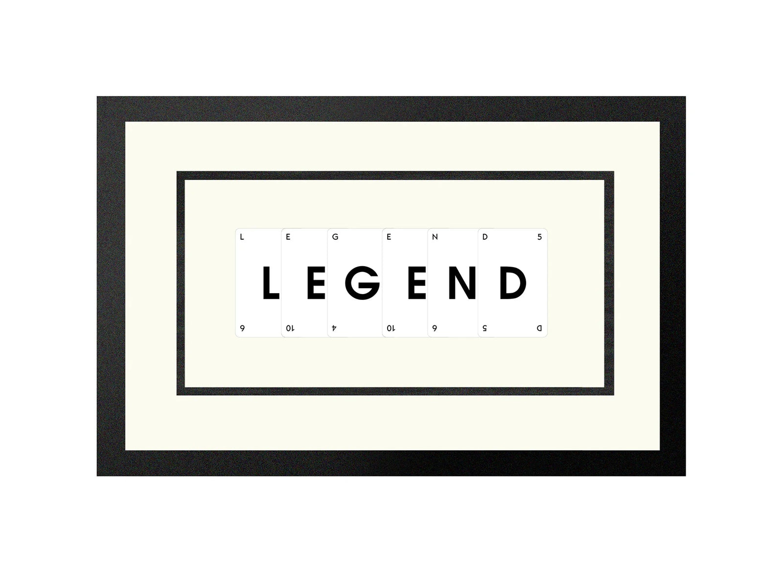 Handmade playing card picture frame spelling 'Legend' – framed quote wall art made in the UK.