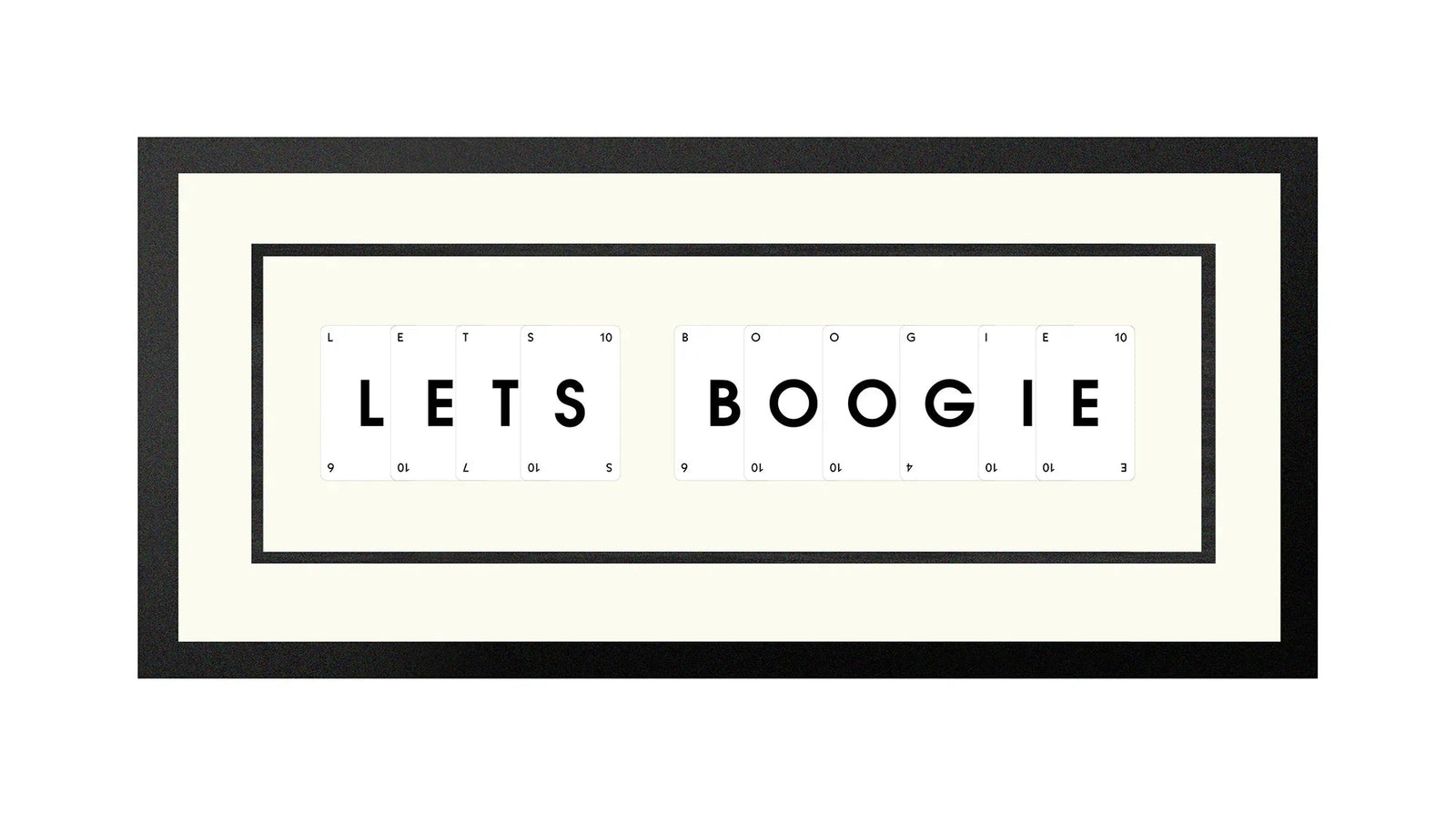 Handmade playing card picture frame spelling 'Lets Boogie' – framed quote wall art made in the UK.